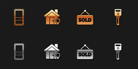 Set Closed door, Location with house, Hanging sign text Sold and House key icon. Vector.