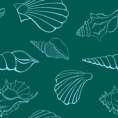 Modern flat outline sea shells, bubbles seamless pattern for fabric, textile, apparel, interior, stationery, wrapping paper, scrapbooking. Trendy marine endless texture. Exotic ocean shells contours.