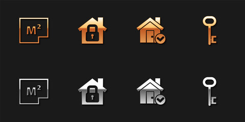 Set House plan, under protection, with check mark and key icon. Vector.