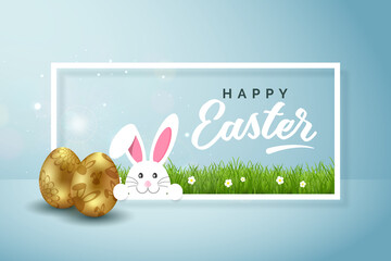 Happy easter illustration with colorful painted egg and rabbit - 417788866