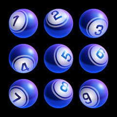 Blue Lottery Bingo Balls From 1 to 9 Isolated on Black Background