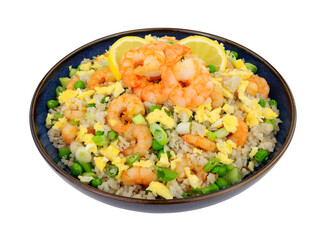 Chinese king prawn egg fried rice meal isolated on a white background