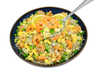 Chinese king prawn egg fried rice meal isolated on a white background