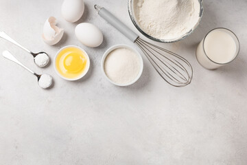 Fototapeta na wymiar Ingredients for making pancakes for Shrovetide