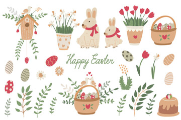 Easter vector set. Cute rabbits, birdhouse, basket with eggs, spring flowers and cake. Hand drawn cartoon illustration and lettering isolated on white. Great for Easter design, posters, greeting cards