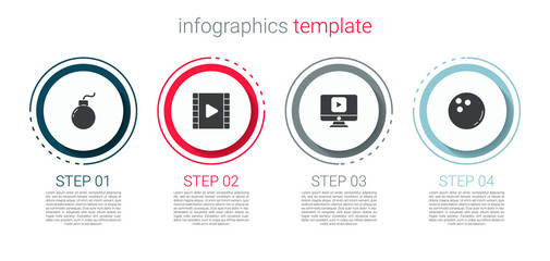 Set Bomb ready to explode, Play Video, Online play video and Bowling ball. Business infographic template. Vector.