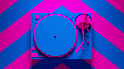 Blue Pink Turntable Post-Punk Record Player with Pink an Blue Chevron Background 3d illustration render