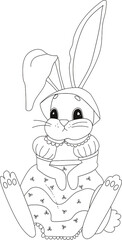 Vector image of a cute cartoon bunny (rabbit), dressed in a dress and a hat. Outline image for children's coloring.