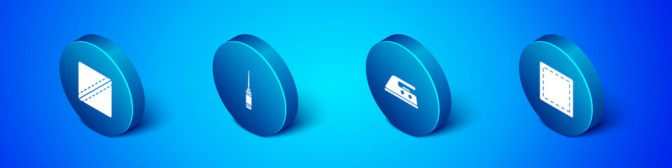 Set Isometric Sewing Pattern, Electric iron, and Awl tool icon. Vector.