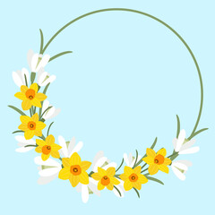Round frame with spring flowers. Round frame with snowdrops and daffodils. Bright yellow and white colors. Summer postcard template vector illustration