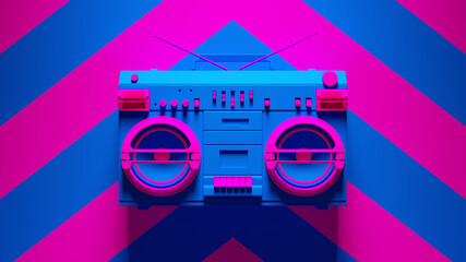 Blue Pink Boombox Post-Punk Stereo with Pink an Blue Chevron Background 3d illustration render - obrazy, fototapety, plakaty