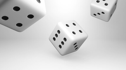 White dice bounce on white background