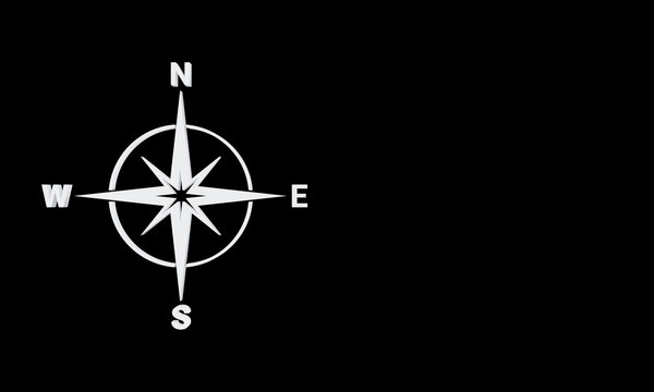3D white direction compass symbol on black background
