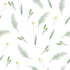 Fototapeta na wymiar Watercolor pattern with cute flowers and leaves on white background 