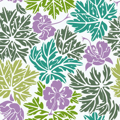 Seamless pattern with colorful Geranium flowers and leaves on white background.