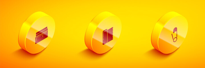 Set Isometric Tape measure, Textile fabric roll and Safety pin icon. Vector.