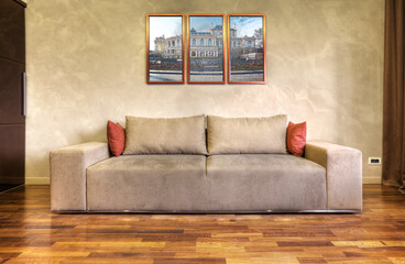  modern sofa in a white living room-rendering- the art pictures on wall are my composition