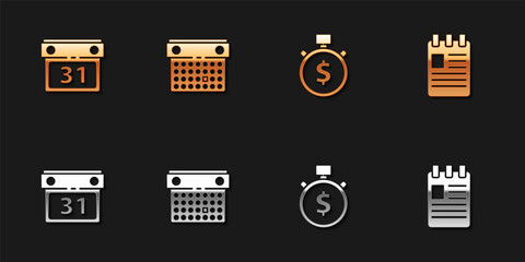 Set Calendar, , Time is money and Spiral notebook icon. Vector.