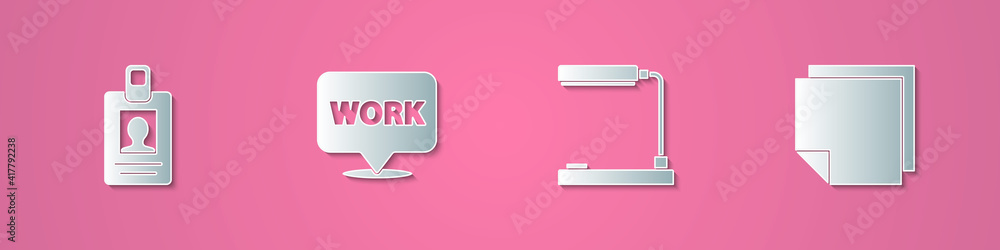Poster set paper cut identification badge, location with text work, table lamp and post note stickers icon.