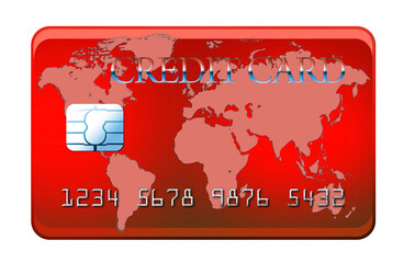 Red credit card with world map - isolated on white with clipping path