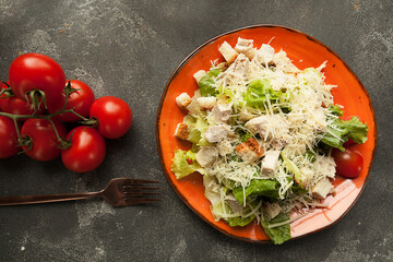 salad with vegetables and grated cheese, Caesar salad in a beautiful dish on a dark background