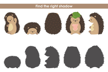Find the correct shadows for cute hedgehogs. Educational logic game for children on a white background. Vector illustration