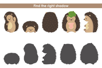 Find the correct shadows for cute hedgehogs. Educational logic game for children on a white background. Vector illustration © Zoryana Vasiltsova