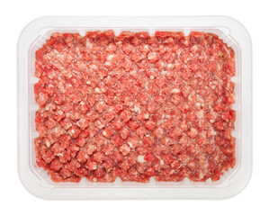 the forcemeat of raw meat in box isolated on white background
