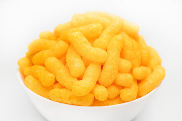 Cheese Doodle Day, cheese puffs in a white bowl, crisps 