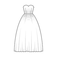 Crinoline dress technical fashion illustration with strapless sweetheart neckline, floor length, full skirt, embellishment motif. Flat template front, white color style. Women, men unisex CAD mockup