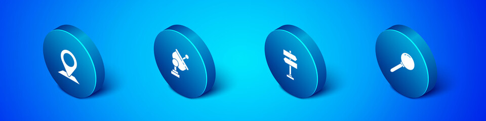 Set Isometric Location, Road traffic sign, Push pin and Radar icon. Vector.