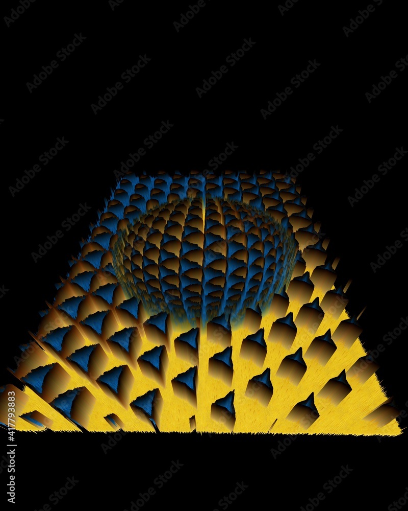 Poster geometric hexagonal mosaic in shades of blue and yellow on a black background with 3d sphere object