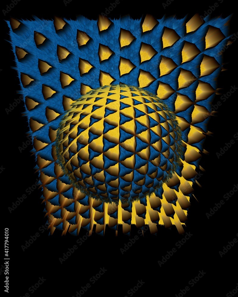 Poster geometric hexagonal mosaic in shades of blue and yellow on a black background with 3d sphere object