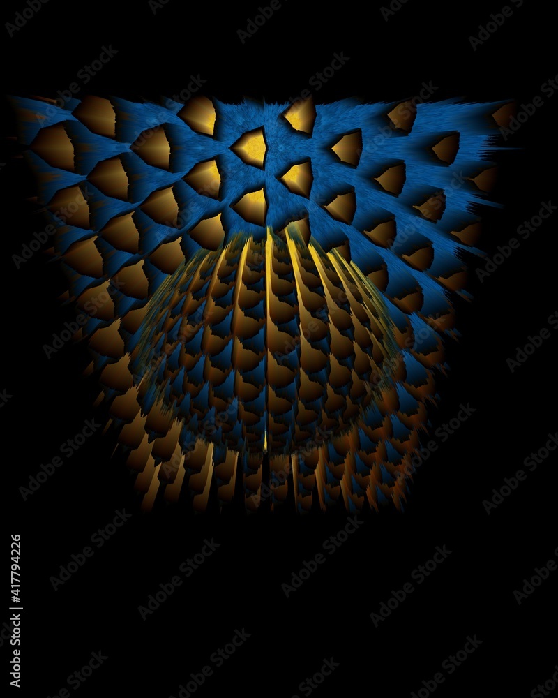 Poster geometric hexagonal mosaic in shades of blue and yellow on a black background with 3d sphere object