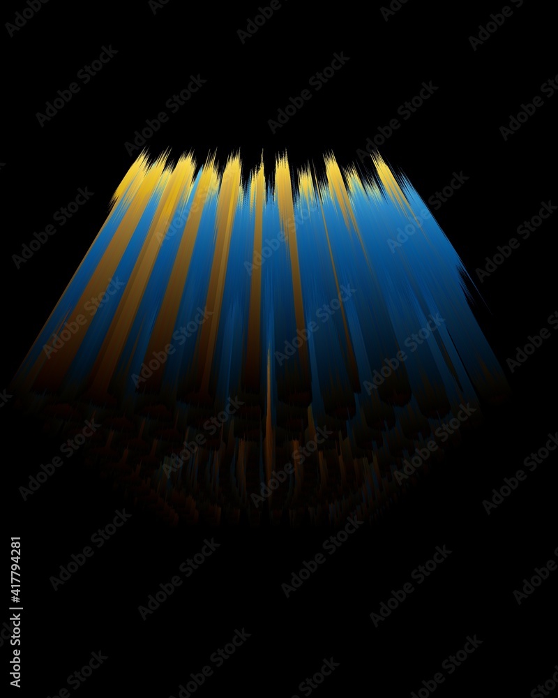 Poster geometric hexagonal mosaic in shades of blue and yellow on a black background with 3d sphere object