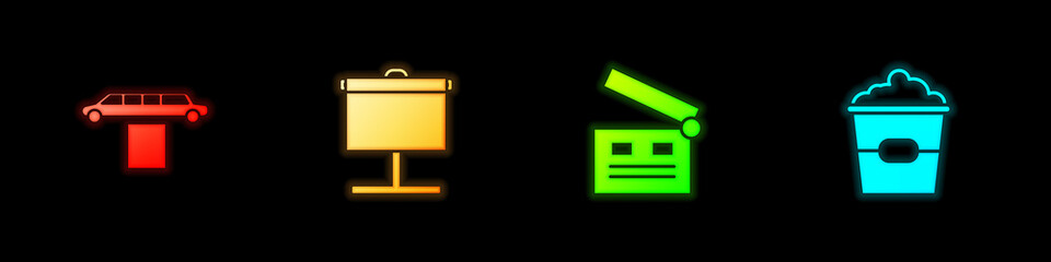 Set Limousine car and carpet, Projection screen, Movie clapper and Popcorn box icon. Vector.
