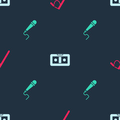 Set Microphone, VHS video cassette tape and on seamless pattern. Vector.