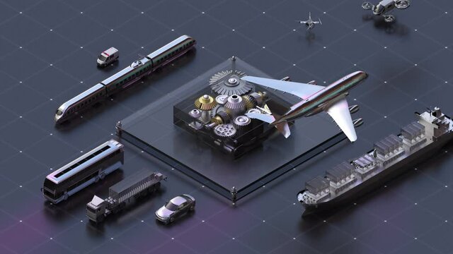 Various transportation controlled by the central gear. Future smart transportation concept. 4k animation.