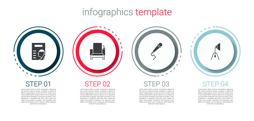 Set Cinema poster, chair, Microphone and Movie spotlight. Business infographic template. Vector.