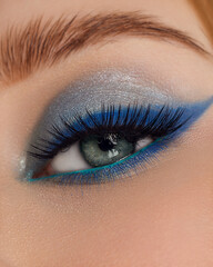 Beautiful macro shot of female eye make-up in smoky eyes style. Blue eye. Creative make-up. Perfect shape make-up and long lashes. Cosmetics. Beautiful eyes make-up. Close-up
