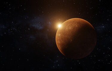 3D rendering of a sunrise seen from space over a red planet, like Mars, with Milkyway in the background
