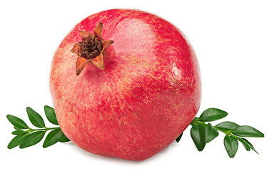 pomegranate fruit with green leaves isolated on a white background. clipping path