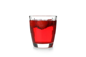 Glass of strawberry jelly isolated on white background