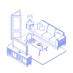 Isometric blue living room, tv room on white. Vector illustration in flat design, isolated. Outlined, linear style.
