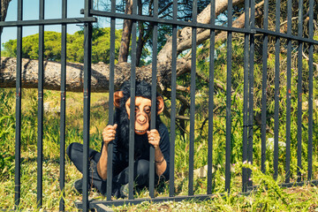 Portrait Of Caged Women With Monkey Mask In Forest