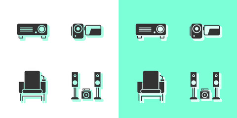 Set Home stereo with two speakers, Movie, film, media projector, Cinema chair and camera icon. Vector.