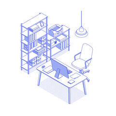 Blue isometric home office on white. Vector illustration in flat design, isolated. Outlined, linear style.