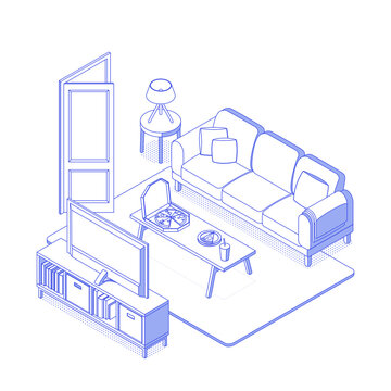 recommend clip art: Isometric blue living room, tv room on white. Vector illustration in flat design, isolated. Outlined, linear style.
                    