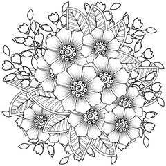 Mehndi flower decoration in ethnic oriental, indian style. doodle ornament. outline hand draw illustration. coloring book page.