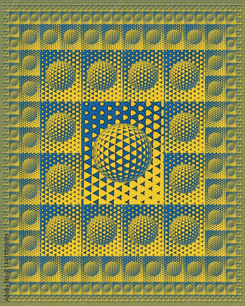 Poster geometric hexagonal mosaic in shades of blue and yellow on a black background with 3d sphere object